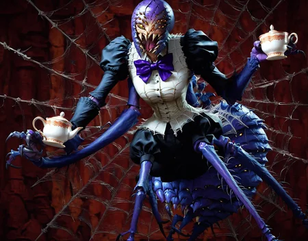 score_9, score_8_up, score_7_up, masterpiece, best quality, 2d, dutch angle, a beautiful and detailed portriat of (gorgon - evolve, (4 arms, 2 legs), multi eyes,(pantyhose, shorts, puffy sleeves, bowtie, puffy short sleeves,) arthropod limbs, large abdomen, spider legs, chitin, spiky back), extra eyes, monster girl,((purple body:1.3)),humanoid,, ((fangs)),4 arms,solo, clothed, open mouth, mandibles, awesome and detailed background, holding teapot, holding teacup, 4 hands,detailed hands,((spider webs:1.4)), storefront that sells pastries and tea,bloomers,(red and black clothing),inside,pouring into teacup,wide angle lens, (armwear)
<lora:muffet:0.2> <lora:Gorgon_-_Evolve-000008:1>