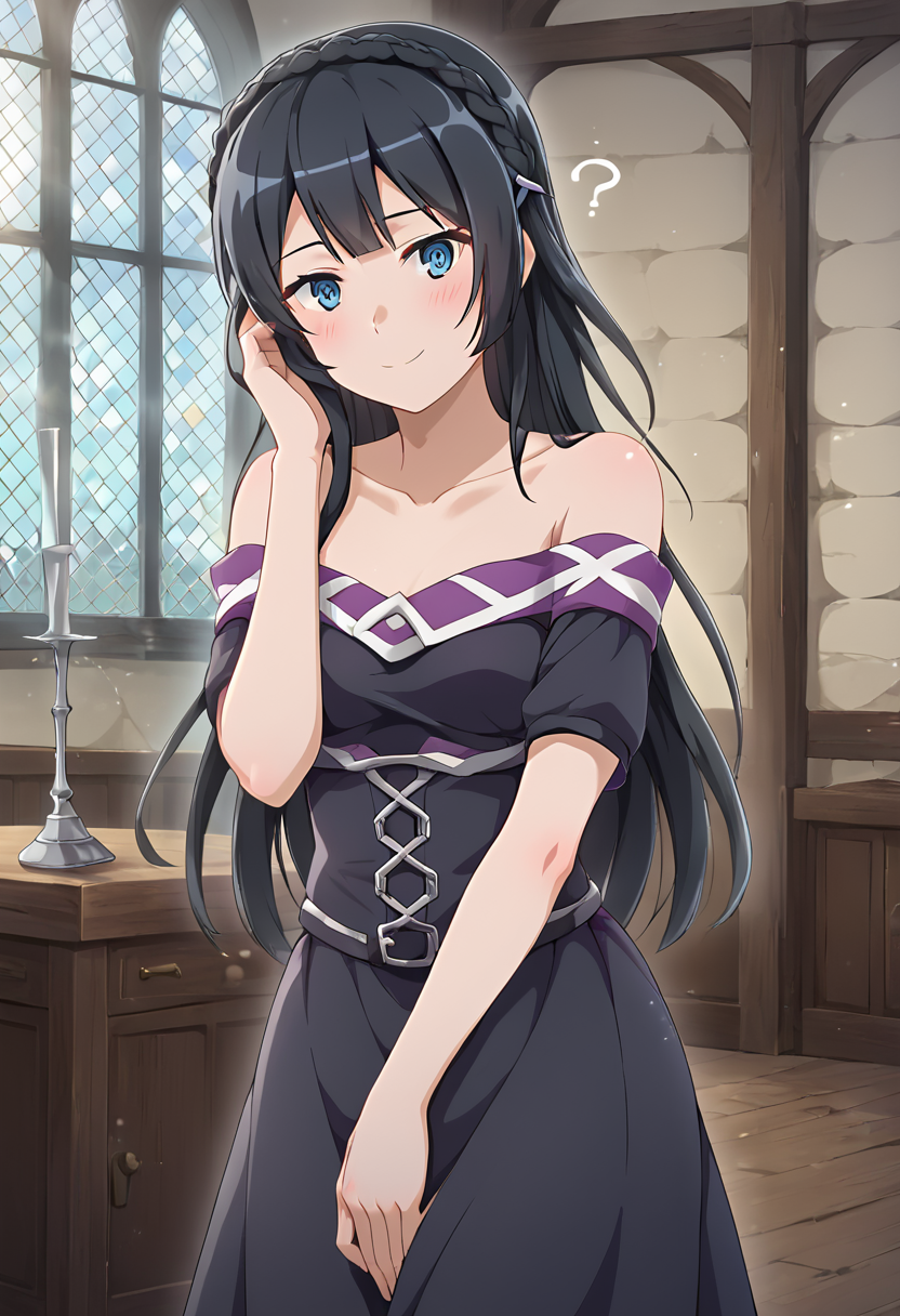 karen_morris, black hair, braid, long hair, blue eyes, small breasts, black dress, long dress, elegant dress, off shoulder BREAK  indoors, medieval, ballroom, BREAK looking at viewer, embarassed, shy smile, hand near face BREAK score_9, score_8_up, score_7_up, source_anime ,zPDXL, perfect hand, <lora:Karen_Morris:0.8>