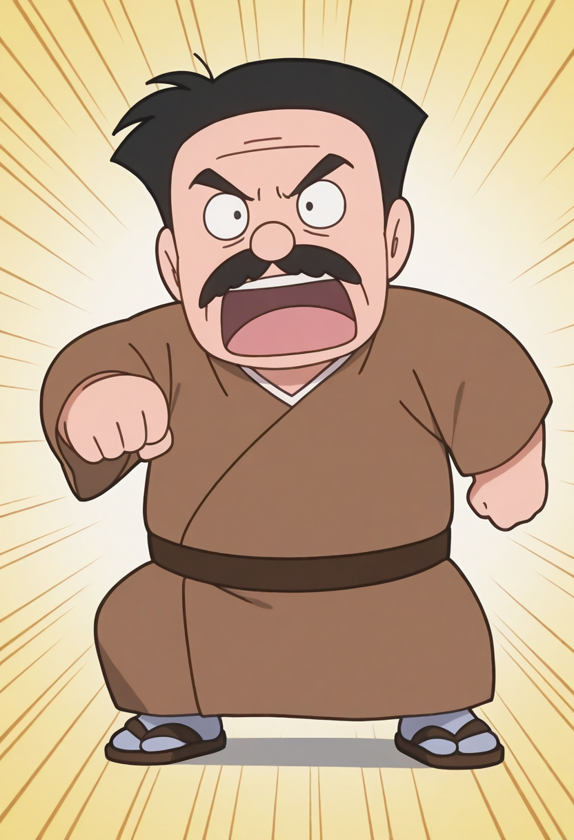 1boy, chibi, clenched hands, punching, simple background, shouting, speed lines,
BREAK
nobirunobi, old man, mustache, black eyes, black hair, retro artstyle, dot pupils, plump, 1990s \(style\),
BREAK
japanese clothes, brown belt, sandals, brown clothes,
BREAK
best quality, masterpiece, very aesthetic, absurdres, highest detailed, very awa, <lora:Nobiru_Nobi_from_late_Doraemon_oyama_edition_v1.0:1>