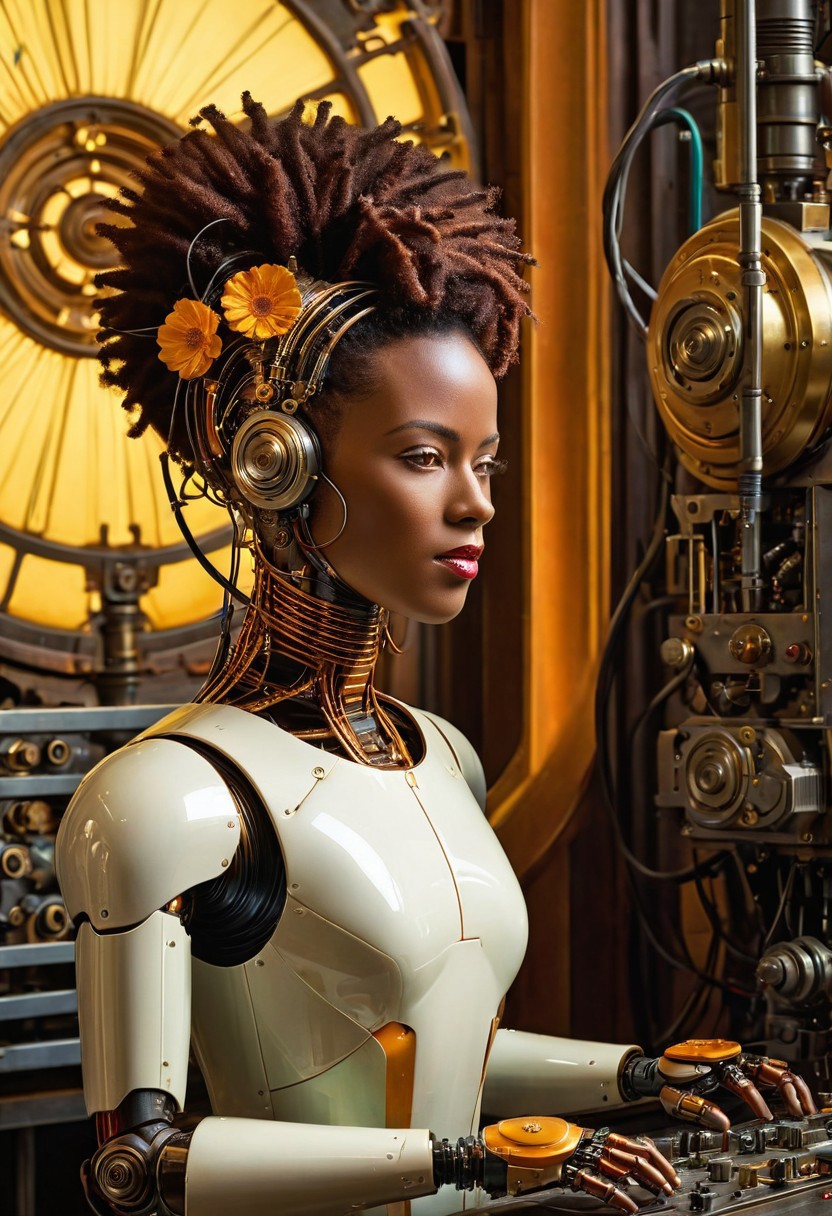 in the style of Style-Afro-Steampunk, award winning  robot woman automaton  hybrid human and machine, wire dreadlock hair, regal, temple guardian ,
backlighting, bloom, light sparkles, chromatic aberration, sharp focus,
robot, robotics, micronics, android, retro-futurist, automatic, assembly, factory