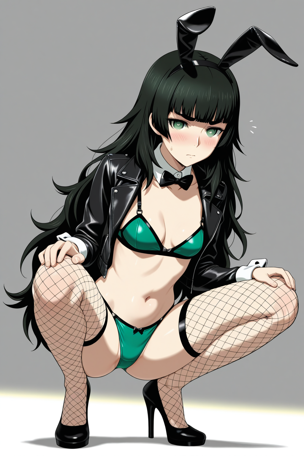 hiyajou maho, steins;gate, 1girl, animal ears, bikini, black bikini, black hair, blunt bangs, blush, bow, bowtie, bra, breast cutout, breasts, cleavage, closed mouth, detached collar, fake animal ears, fishnets, full body, green bra, green eyes, green panties, hairband, high heels, jacket, leather, leather jacket, long hair, long sleeves, looking at viewer, navel, panties, playboy bunny, rabbit ears, shoes, small breasts, solo, squatting, swimsuit, thighhighs, underwear, unsure, very long hair, wrist cuffs, amazing quality, masterpiece, best quality, absurdres