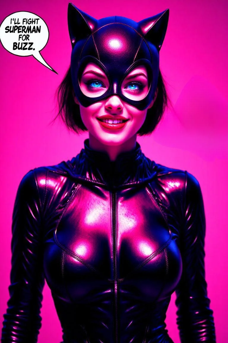 Catwoman, words in a speech bubble, I'll fight superman for buzz as words in a speech bubble
