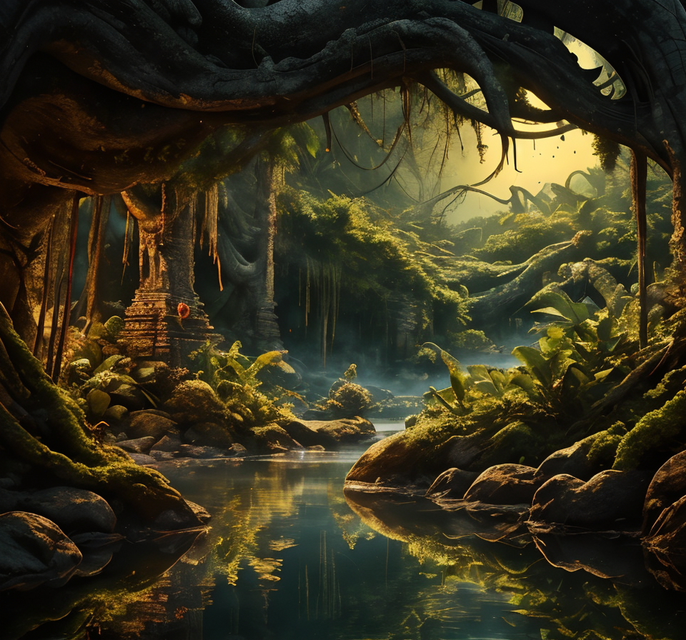 RAW photo, (masterpiece:1.3), subsurface scattering, heavy shadow, (high quality:1.4), (intricate, high detail:1.2), professional photography, HDR, High Dynamic Range, realistic, ultra realistic, photorealistic, high resolution, film photography, ambient lighting, atmospheric effects, <lora:detail_slider_v4:2>, OverallDetail, a river through a sinister and dark fantasy jungle, FanJu, <lora:FantasyJungle:1>,  epiCPhoto