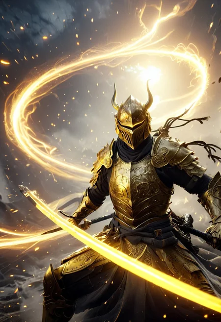 1man, armored samurai in golden samurai armor, wearing samurai helmet and armor, golden fire, wielding dual swords:1.2, brave perspective, reflection, glowing golden fire, golden lightning shatter, , Curved Sword Slashglowing sword, motion blur, emphasis line, outdoor in the darkness, looking at viewer, katanas