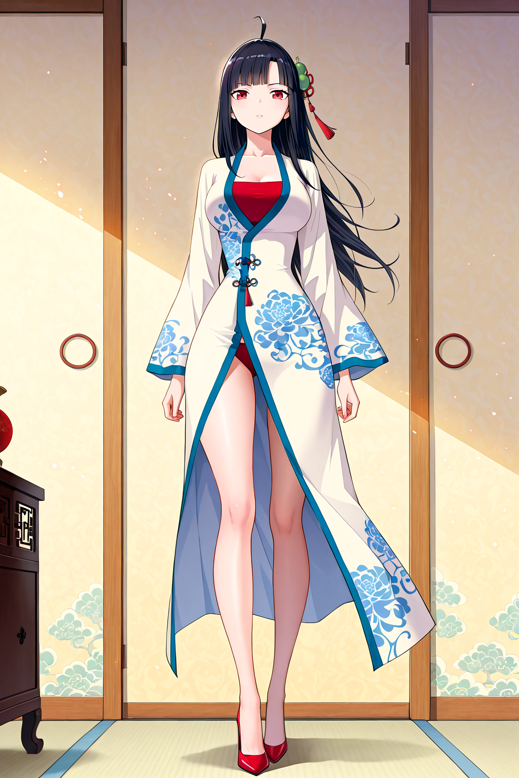 front view,
1girl,narrow waist,wide hips,looking at viewer,full body,standing,red stiletto heels,long legs,slim legs,
Best quality,masterpiece,soft light,official art,high quality,highres,absurdres,epic scene,natural textures,<lora:Huang Xiaoyan IL V2:1>,huang xiaoyan,red eyes,long hair,black hair,parted bangs,hair ornament,ahoge,white and blue robe,red underwear,chinese clothes,