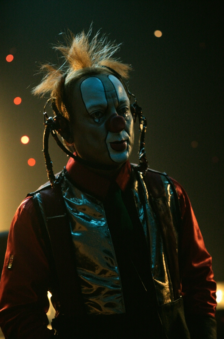 cinematic film still cybernetic robot Bassie the clown,
<lora:Bassie:1.6> . android, AI, machine, metal, wires, tech, futuristic, highly detailed . shallow depth of field, vignette, highly detailed, high budget, bokeh, cinemascope, moody, epic, gorgeous, film grain, grainy