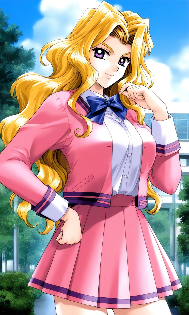 general,highres, ultra-detailed,very aesthetic,best quality ,best hands, BREAK <lora:Shindou_Reiko_kakyuusei_Ver2.0_IS:1>
Shindou_Reiko(kakyuusei), 1girl, solo, blonde hair, long hair, purple eyes, large breasts, wavy hair, 
smile, 
pink skirt, school uniform, long sleeves, pink jacket,
sky, outdoor, hand on hip, looking at viewer,
cowboy shot,  pleated skirt,