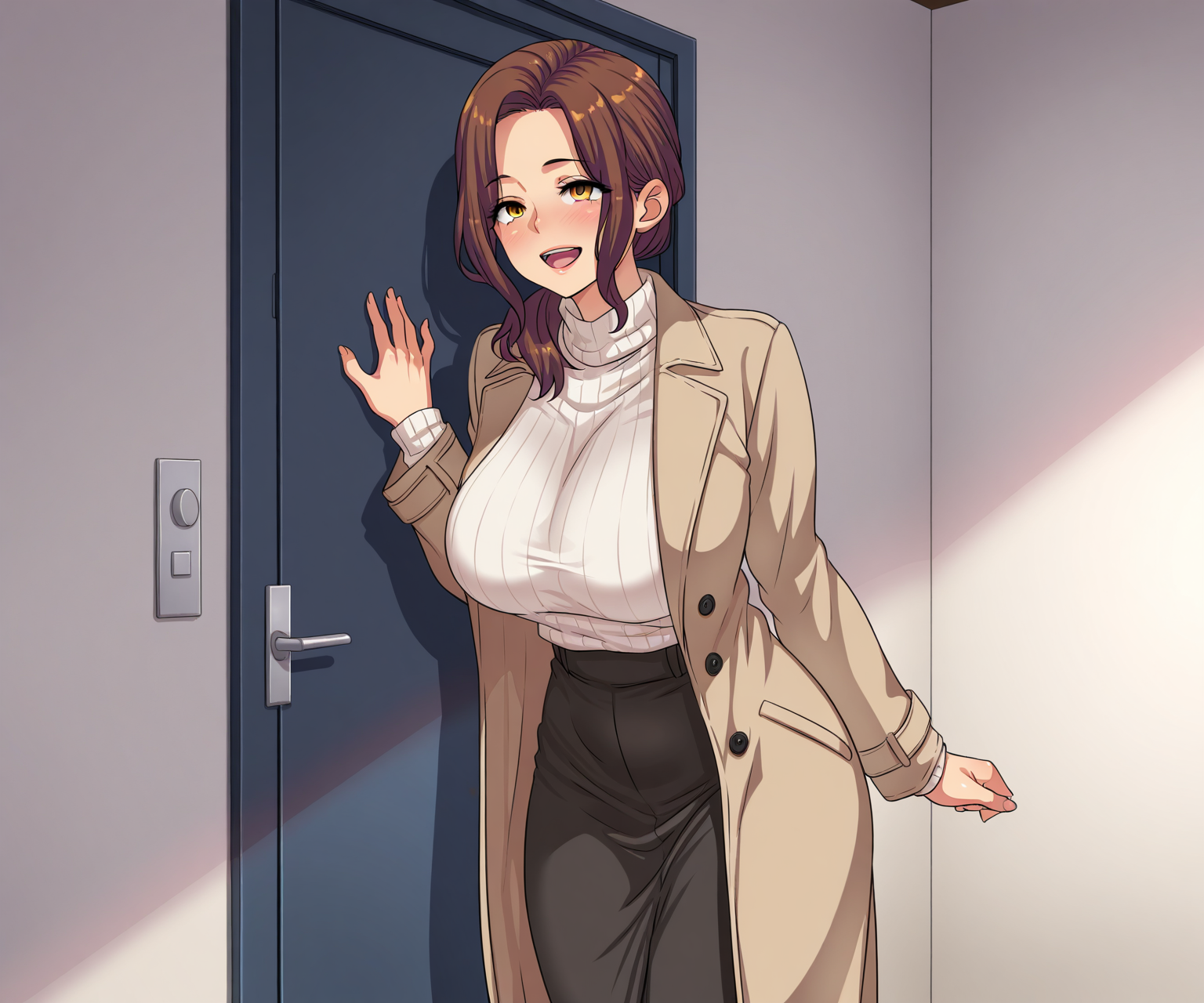 masterpiece, best quality, amazing quality, sfw, 1girl, solo , coat, medium hair, mature female,  smile, open mouth, long coat, cowboy shot,    <lora:Waribashi Kouka style ILL-v2:1> waribashikouka