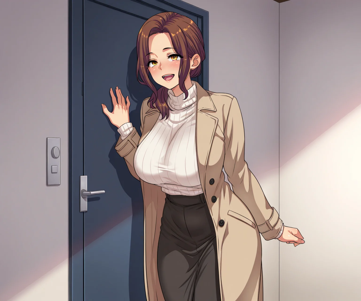 masterpiece, best quality, amazing quality, sfw, 1girl, solo , coat, medium hair, mature female, smile, open mouth, long coat, cowboy shot, <lora:Waribashi Kouka style ILL-v2:1> waribashikouka