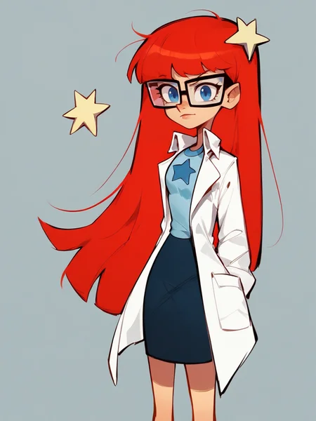 score_9, score_8_up, score_7_up, score_6_up, score_5_up, <lora:SusanMarytestXLP:1> jt, labcoat, glasses, red hair, long hair, susan test, 1girl, blue eyes, star (symbol), skirt, solo
