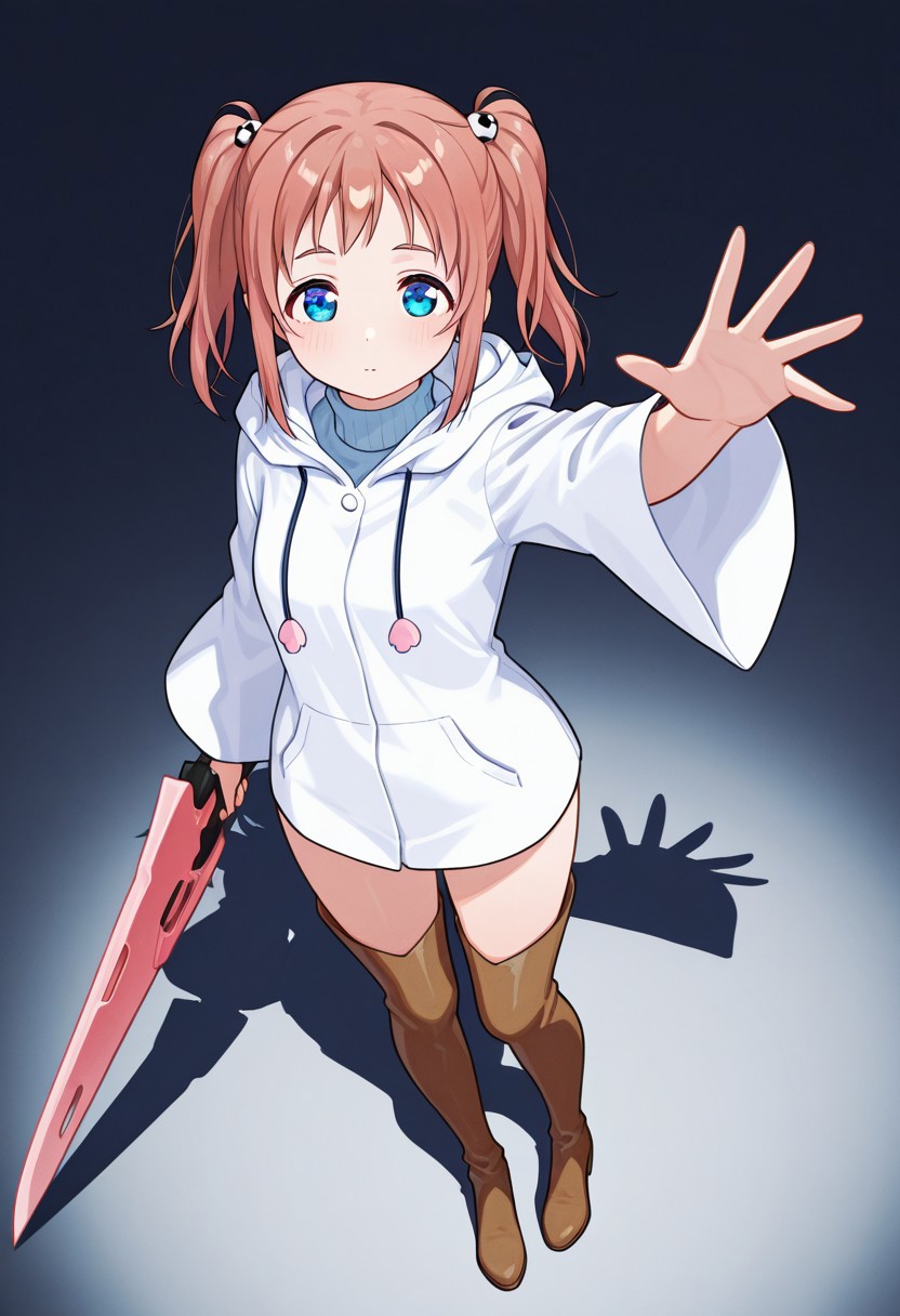 masterpiece, best quality, 32k, high resolution, absurdres, honoka kanami, turtleneck, reaching, holding, full body, weapon, boots, wide sleeves, holding weapon, from above, thigh boots