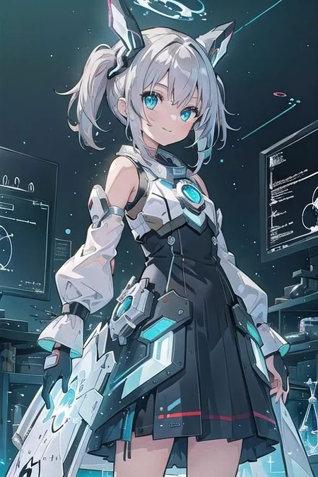 (masterpiece), (science fiction:1.4), 1girl, standing, smile, silver hair, aqua eyes, headgear, long sleeves, detached sleeves, glowing energy clothing, light particles