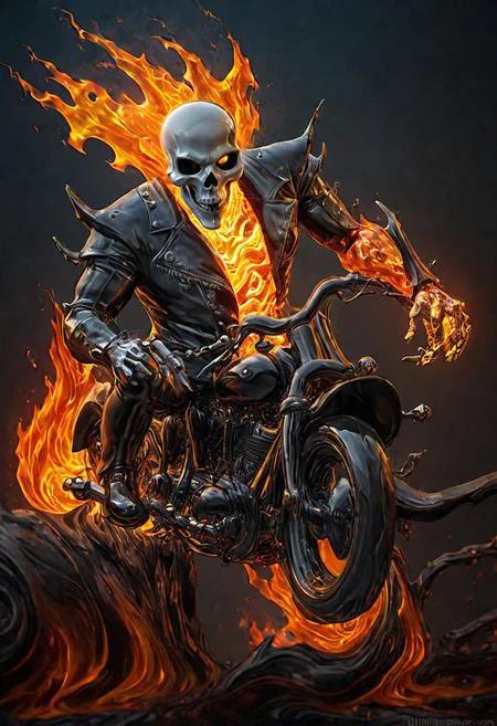 (masterpiece))
A etheral Ghost Rider,
HDR, hyper realistic, 
Black goo,
godly auburn light, flames, damned soul,