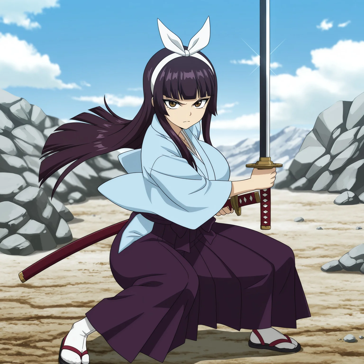 masterpiece, best quality, amazing quality, masterpiece, best quality, amazing quality, masterpiece, best quality, amazing quality, masterpiece, best quality, amazing quality, very aesthetic, high resolution, ultra-detailed, Kagura,dark Brown purple hair Bangs, Hime_cut, long hair,hair_band, bow, blunt_bangs, sidelocks,Brown eyes, black eyeliner, (huge_breasts:1.2, curvy_hips), shinny body, shinny skin, anime screencap, anime coloring,weapon, sword,1girl, solo, japanese_clothes, fighting_stance, katana, sandals, skirt, outdoors, holding, sheath, looking_at_viewer, holding_weapon, day, sash, holding_sword, kimono, sky, serious, rock, white_hairband, hakama, cloud, hakama_skirt, full_body,bow, japanese_clothes,detached_sleeves, japanese_clothes, kimono, blue_kimono, sash,, <lora:9bef0722-1293-4f4d-836c-a5c5bc6236b1:0.7>
