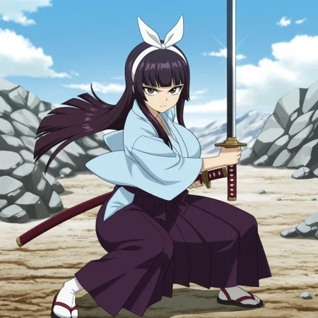 masterpiece, best quality, amazing quality, masterpiece, best quality, amazing quality, masterpiece, best quality, amazing quality, masterpiece, best quality, amazing quality, very aesthetic, high resolution, ultra-detailed, Kagura,dark Brown purple hair Bangs, Hime_cut, long hair,hair_band, bow, blunt_bangs, sidelocks,Brown eyes, black eyeliner, (huge_breasts:1.2, curvy_hips), shinny body, shinny skin, anime screencap, anime coloring,weapon, sword,1girl, solo, japanese_clothes, fighting_stance, katana, sandals, skirt, outdoors, holding, sheath, looking_at_viewer, holding_weapon, day, sash, holding_sword, kimono, sky, serious, rock, white_hairband, hakama, cloud, hakama_skirt, full_body,bow, japanese_clothes,detached_sleeves, japanese_clothes, kimono, blue_kimono, sash,, <lora:9bef0722-1293-4f4d-836c-a5c5bc6236b1:0.7>
