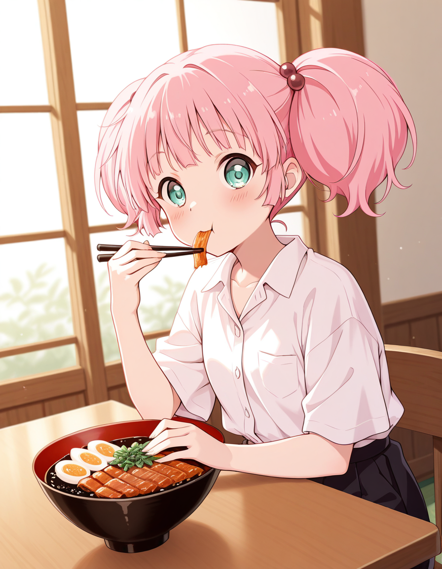 <lora:Yoshikawa_Chinatsu:1> chinatsu_yuyu, 1girl, pink hair  sitting at the table, chopsticks in hand, eating Japanese food
