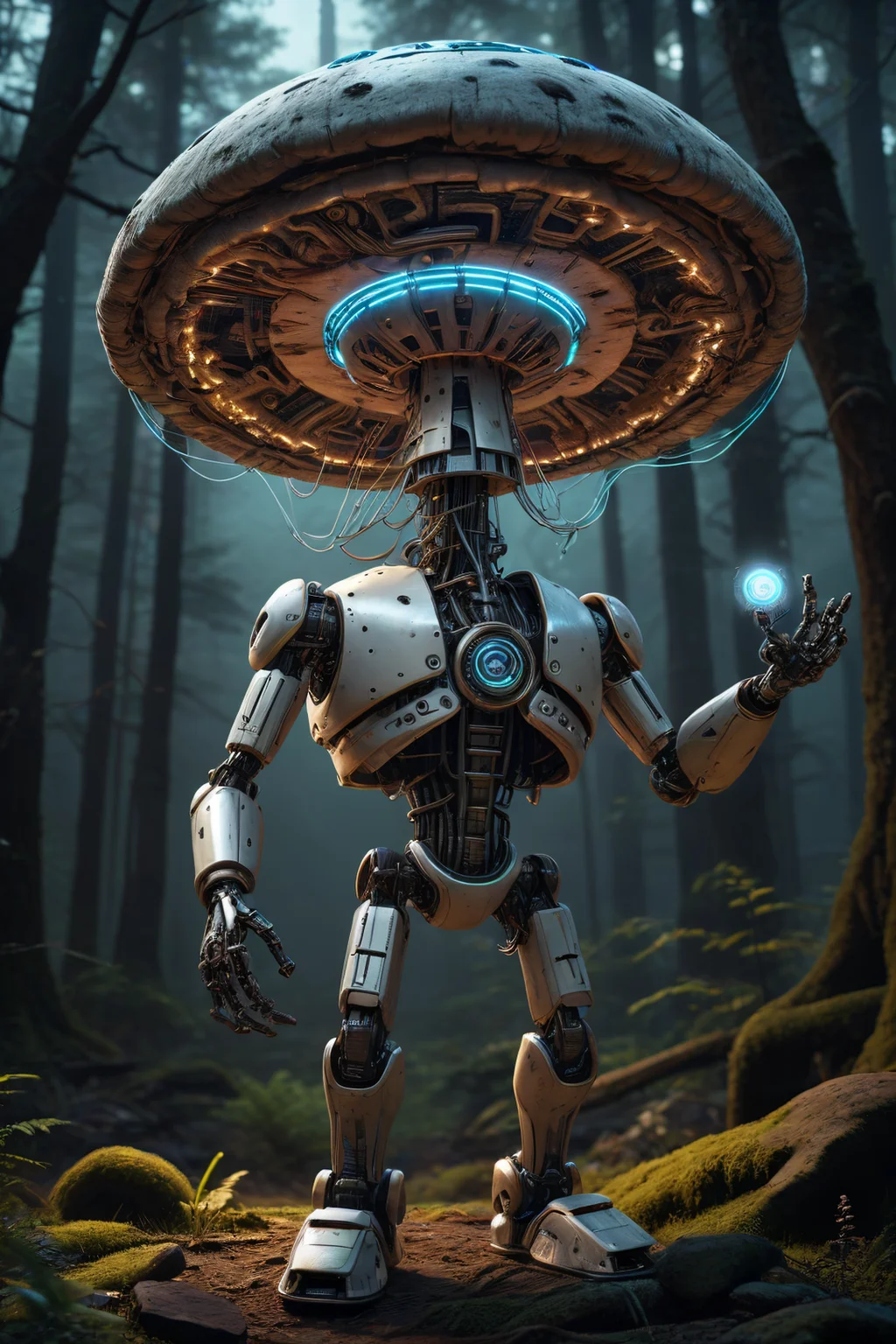 cybernetic robot Ancient mushroom elder holding the hypnotic spiral disc, surrounded by luminescent fungi as it begins to levitate above the village, releasing a gentle hum that synchronizes the rhythms of the inhabitants. . android, AI, machine, metal, wires, tech, futuristic, highly detailed