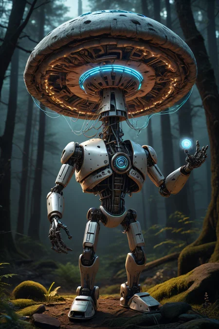 cybernetic robot Ancient mushroom elder holding the hypnotic spiral disc, surrounded by luminescent fungi as it begins to levitate above the village, releasing a gentle hum that synchronizes the rhythms of the inhabitants. . android, AI, machine, metal, wires, tech, futuristic, highly detailed