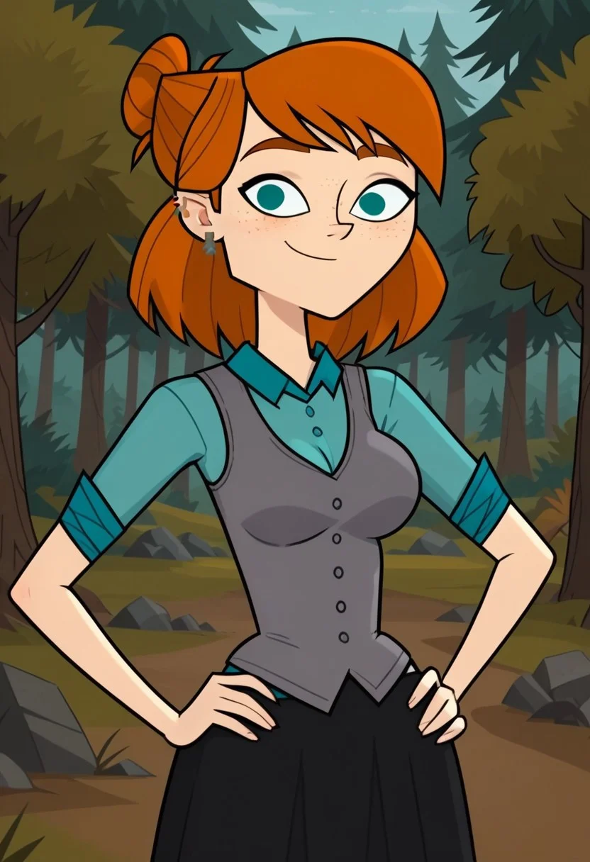 ((Forest background)),score_9, score_8_up, score_7_up,score_6_up,
1girl, Solo, Ellie_DC, pale skin, teal eyes, freckles, pumpkin hair, shoulder-length hair, hairstyle bun, silver earrings, grey fitted vest buttoned, turquoise shirt rolled up sleeves, black skirt, long socks with black-grey stripes, black boots, big eyes, tall stature, social smile, perfect eyes, perfect smile, looking at the viewer, big breasts, detailed eyes, perfect eyes, cute, standing, (front pose, bust shot, close up to face, face portrait:1) hands on hips