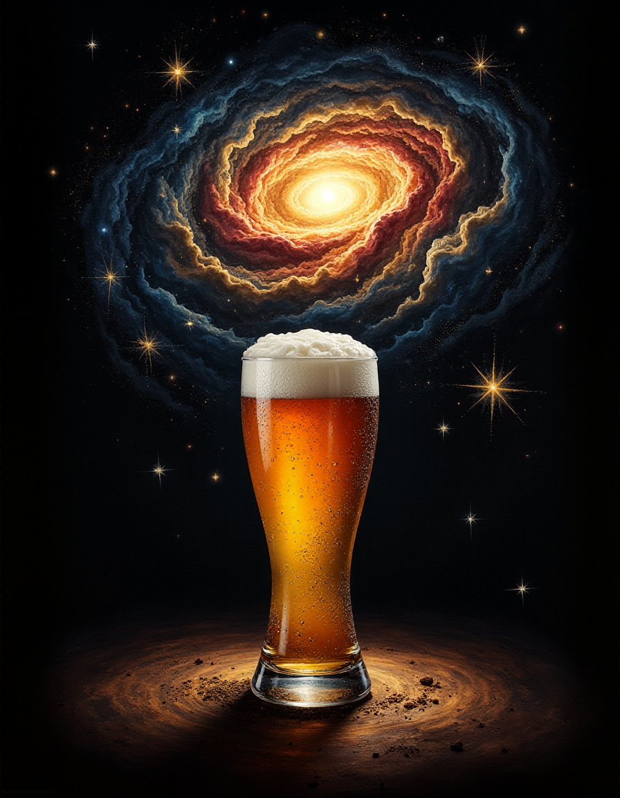 a painting of a star cluster in the sky with a lot of stars in the center of the image, Anato Finnstark, cosmic horror, an airbrush painting, space art, cosmic clouds, galaxies, black holes, stars, the star cluster and cosmic clouds form a beer glass with this inside: International Pale Lager: Pale straw to gold. White, frothy head may not be long lasting. Very clear, Pilsner glass, pint glass, or shaker pint glass. , that looks into the image, highly detailed, DSLR, raw, Panasonic Lumix GH4, f1.2, 50mm, cinematic lighting  <lora:fluxenhancer:1>, black, white, red color-scheme,