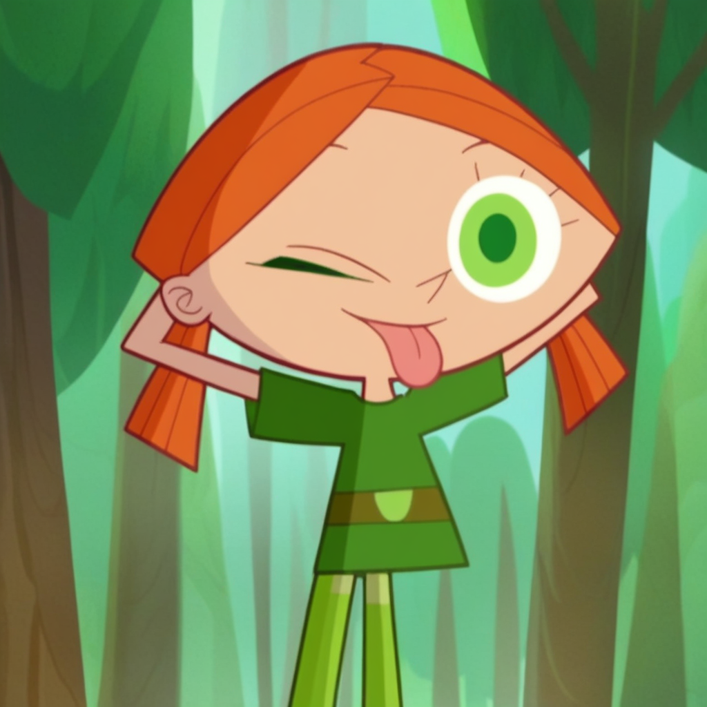 score_9, solo, elspeth, green eyes, orange hair, twintails, shirt, pants, hands behind head, one eye closed, tongue, looking at viewer, trees