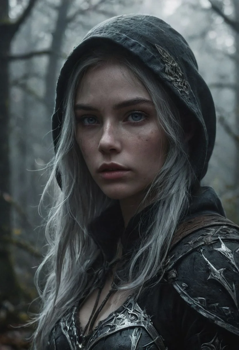 Create a digital painting of Sylvanas Windrunner from World of Warcraft. She is a tall, slender female elf with pale skin and long, flowing white hair. She has glowing, icy blue eyes and sharp features. She is wearing her iconic black and grey armor with intricate silver details, and a dark hooded cloak with tattered edges. She holds a powerful bow in one hand and has a quiver of arrows on her back. She has a determined and fierce expression, as if ready to face any challenge head-on. The background should be a dark and foreboding forest, with wisps of mist floating around her.
Wide range of colors., Dramatic,Dynamic,Cinematic,Sharp details Insane quality. Insane resolution. Insane details. Masterpiece. 32k resolution.
<lora:add-detail-xl:0.95> <lora:dvr-lnds-sdxl:0.3> dvr-lnds-sdxl <lora:MJ52:0.25> <lora:ral-apoctvisn-sdxl:0.3> ral-apoctvisn <lora:zavy-cntrst-sdxl:0.35> dark, chiaroscuro, low-key <lora:zavy-rmlght-sdxl:0.41> zavy-rmlght <lora:SDXLFaeTastic2400:0.225>