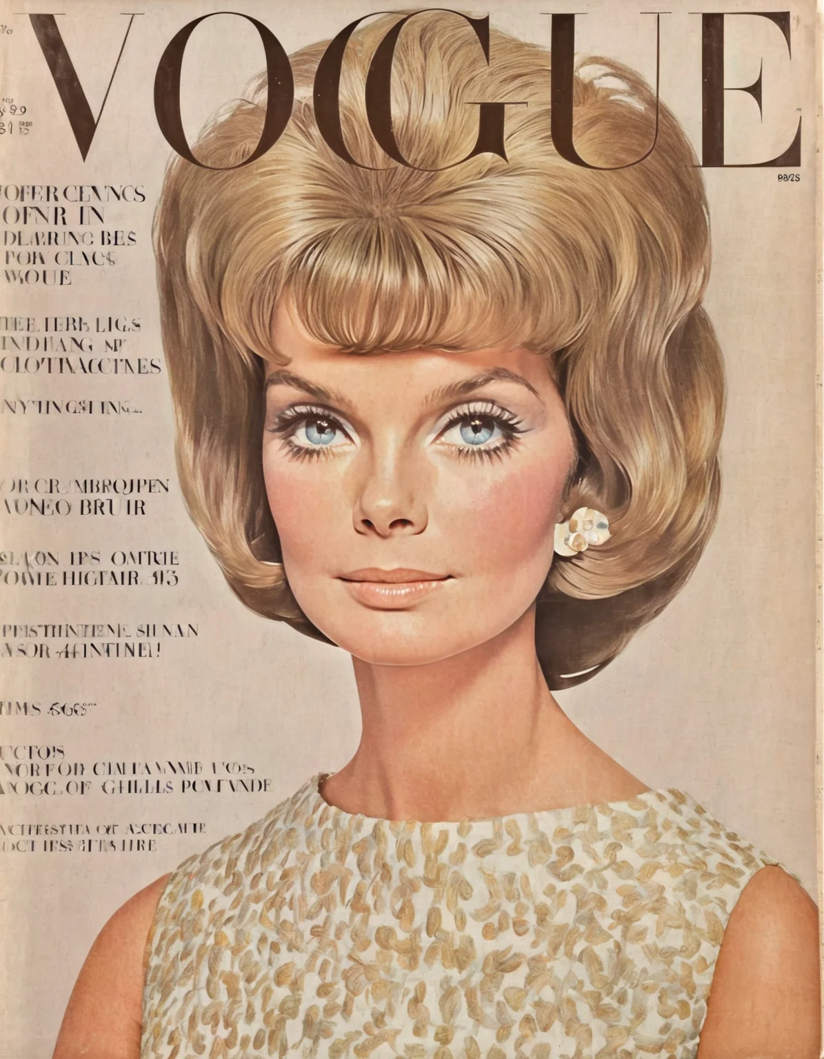 She, bouffant hair, shift dresses, pastel shades, Jackie Kennedy elegance, timeless grace, Vogue 60s Retro, vintage glamour.,highly intricate,(VOGUE Cover Magazine:1.15),1968, 60s, black letters, hyper detailed, photorealistic,,