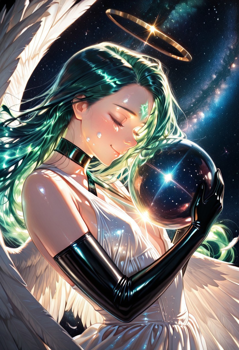 1 girl, solo, (gigantic, giant person, curl up, closed up, embracing earth, gentle expression, height contrast, size contrast, closed eyes), (small breast), (feathers skin, six white wings, halo, white gown, black latex elbow gloves), (midoriL, green hair glowing hair, brown eyes, long hair, fuzzy hair), (side view), (space, stellar sky), ((masterpiece)), (best quality), ((detailed eyes)), (eye_focus), (high resolution), highly detailed, 4K, semi-realistic, detailed facial features, detailed clothing features, texture, great anatomy, correct anatomy, uncensored