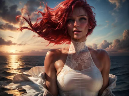 masterpiece, best quality, 1girl, red hair, medium hair, messy hair, floating hair, amber eyes, floating hair, oversized clothes, white dress, wet clothes, wet, wet hair, golden hour, warm glow, ocean, reflective water, cruise ship, (realistic:1.2) upper body,
<lora:age_slider_v6:2> <lora:muscle_slider_v1:0.8> <lora:more_details:0.8> <lora:emotion_happy_slider_v1:0.5> <lora:weight_slider_v2:0>