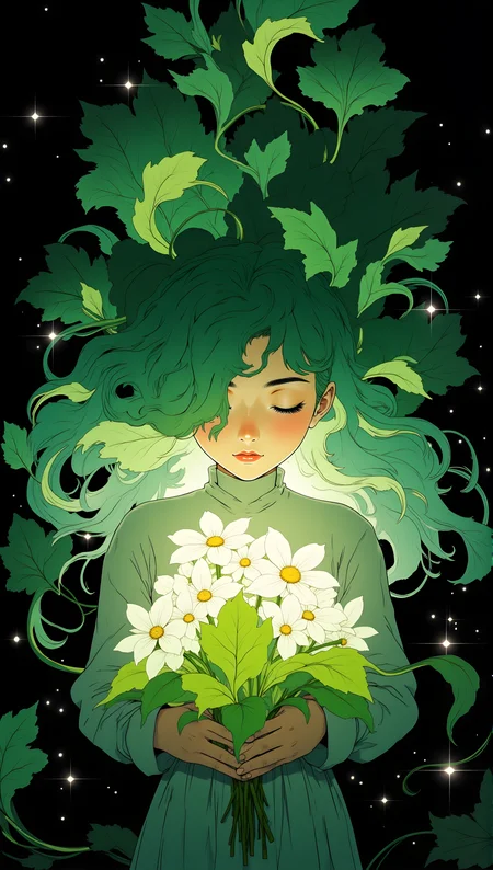an anime-style illustration of a woman with vibrant green hair that appears to be made of leaves and vines she is holding a bouquet of white flowers close to her chest the flowers are glowing with a soft light adding to the ethereal quality of the image her eyes are closed and she has a serene expression on her face the background is dark which makes the green tones of her hair and the white flowers stand out prominently there are also some glowing elements in the background resembling small lights or fireflies the overall atmosphere of the image is magical and dreamlike with a strong connection to nature
j_art, anime, anime art, <lora:FLUX\jul\J_Anime:1.0>, <lora:FLUX\Anime Art V3:0.1>, <lora:FLUX\RM_Artistify_v1.0M:0.1>, <lora:FLUX\RetroAnimeS1.1:0.1>