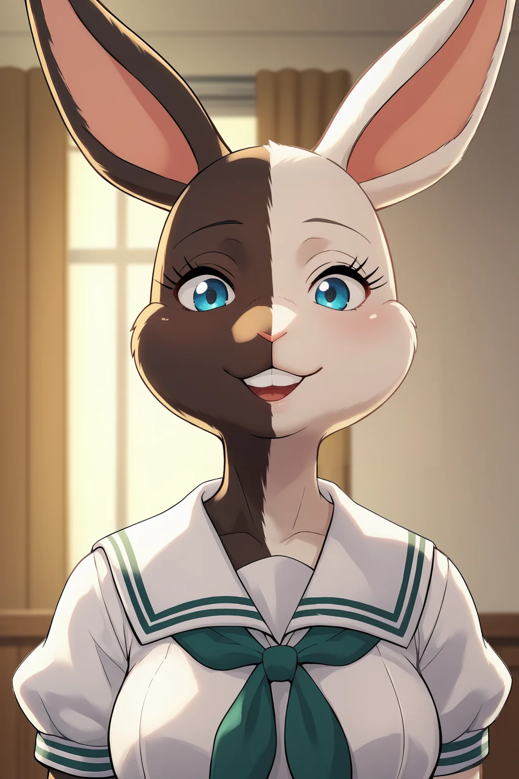 score_9, score_8_up, score_7_up, score_6_up, score_5_up, score_4_up, MizuchiBSXL, anthro furry, furry female, white fur, two-tone fur, blue eyes, animal ears, rabbit ears, rabbit tail, snout, medium breasts, serafuku, white sailor collar, green neckerchief, white shirt, puffy sleeves, short sleeves, solo, front view, (portrait, upper body), solo focus, seductive smile, looking at viewer, indoors <lora:MizuchiBSXL:0.9>