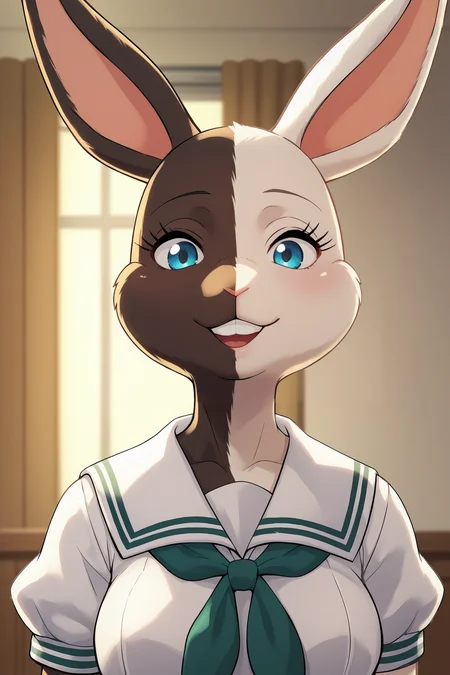 score_9, score_8_up, score_7_up, score_6_up, score_5_up, score_4_up, MizuchiBSXL, anthro furry, furry female, white fur, two-tone fur, blue eyes, animal ears, rabbit ears, rabbit tail, snout, medium breasts, serafuku, white sailor collar, green neckerchief, white shirt, puffy sleeves, short sleeves, solo, front view, (portrait, upper body), solo focus, seductive smile, looking at viewer, indoors <lora:MizuchiBSXL:0.9>