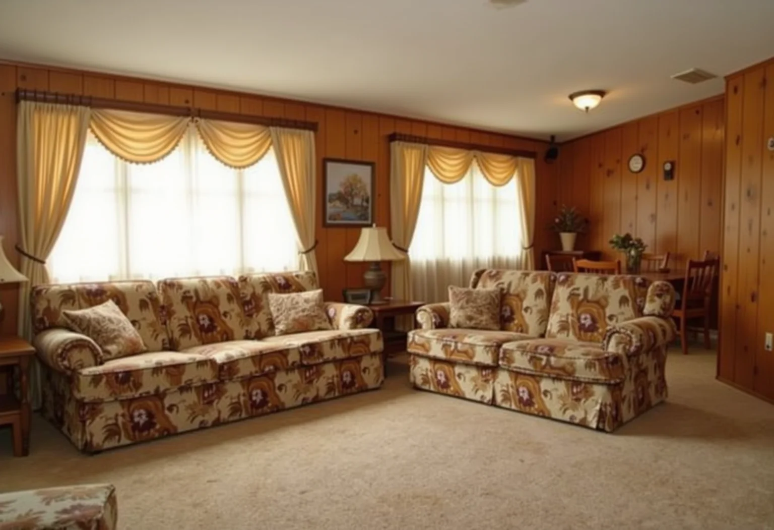 Coloniawful, photo of very nice couches in a living room with wood panel walls and low ceilings