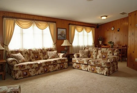 Coloniawful, photo of very nice couches in a living room with wood panel walls and low ceilings