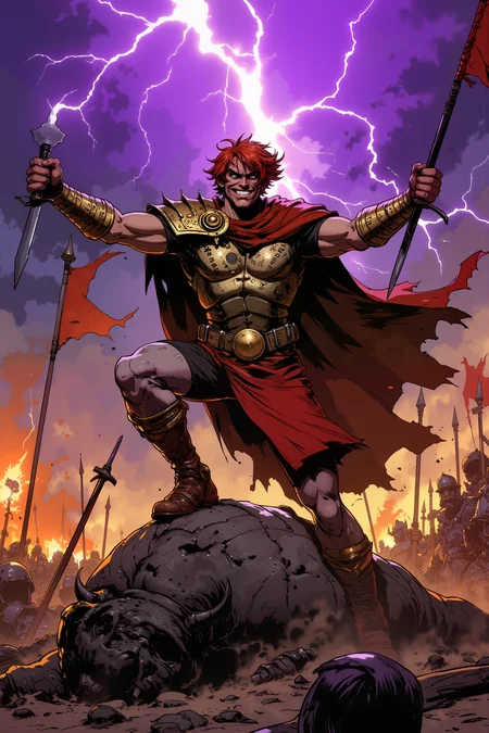 Standing atop a colossal fallen statue in the middle of a desolate battlefield, a gladiator draped in a sculpted, blood-red cuirass and an asymmetrical high-slit tunic surveys the destruction with a smirk that borders on arrogance. His bronze bracers gleam in the flickering torchlight, each one inscribed with the names of his conquests, while his crimson cloak billows behind him like the wing of a mythical beast. His face, angular and sharp as a blade, is partially obscured by a gilded half-mask, its surface etched with symbols of both war and divinity. His short, tousled auburn hair is damp with sweat and dust, but his piercing storm-gray eyes are alight with the thrill of victory. At his side, a wickedly curved gladius rests in his grip, its blade still glowing faintly from whatever magic has been woven into its steel. Around him, the remnants of broken spears and shattered shields litter the cracked stone ground, the battle long over, yet the echoes of war still hang heavy in the air. Above, the heavens are ablaze with the remnants of a celestial storm, streaks of violet lightning illuminating the torn banners that flap violently in the wind. With a slow exhale, he stretches his arms wide, embracing the chaos, the legend of his name already etching itself into history. , detailed background Fantastic lighting. Detailed shadows.intricate details, vivid colors, hyper-detailed, ultra-sharp, , <lora:Ev_Ganin:0.4><lora:Vintage comic book:0.4><lora:RetroAnimeFluxV1:0.15><lora:Greg_Capullo_style:0.4><lora:jeanClaude_Mzires_Style_FLUX-000001:0.4><lora:Flux_Ink_Anime:0.4>