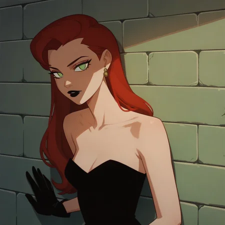 score_9, score_8_up, score_7_up, solo, 1girl, lipstick, red hair, long hair, green eyes, no pupils, strapless dress, black dress, black gloves, looking at viewer, earrings, Veronica Vreeland, leaning on wall