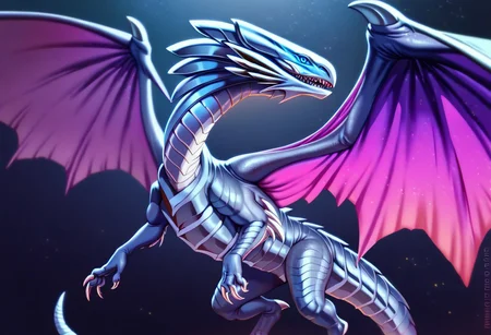 score_9_up, score_8_up, score_7_up, score_6_up, bewd, blue-eyes white dragon, dragon, giant dragon, silver metal scales, metallic scales, realistic metal scales, scaly body, polished scales, reflective metal scales, segmented body, claws, wings, dragon wings, blue eyes, ((luminescent silver body with glowing purple wings, feminine form, long feathered plume growing from the dragon's head)), ((glowing dragon horns, feathered body))
Highly detailed, beautiful, dungeons_and_dragons, amazing aesthetic