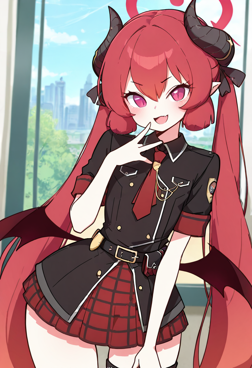 masterpiece, best quality, solo, curvy, beautiful eyes,  narrow waist, wide hips, zzJunko, red eyes, red halo, red hair, horns, long hair, twintails, halo, demon horns, pointy ears, wings, hair between eyes, demon wings, very long hair, black horns, low wings, ribbon black shirt, pleated skirt, red skirt, short sleeves, plaid skirt, red necktie, thigh strap, belt, fang, black footwear, boots,  ,       <lora:JunkoBlueArchiveIXL:1.0>, , smile, looking at viewer, cowboy shot,  ,<lora:Diives_NAI:1.0>,