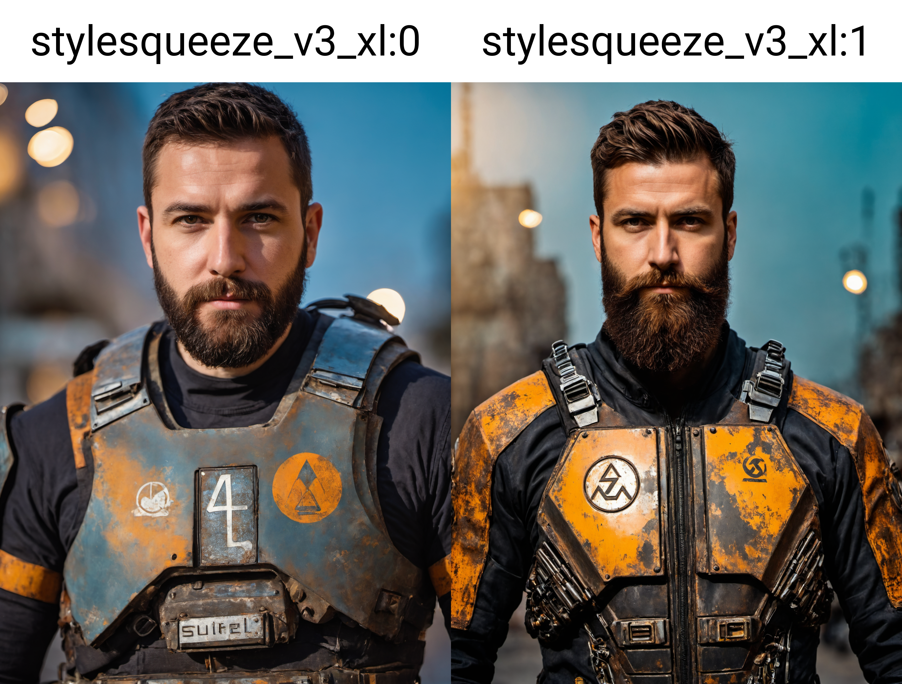 close up Portrait photo <lora:stylesqueeze_v3_xl:0> of muscular bearded guy, in a worn scuffed half life HEV suit, ((light bokeh)), intricate, half life greek delta logo on suit, (steel metal [rust]), elegant, sharp focus, soft lighting, vibrant colors, masterpiece, ((streets)), detailed face