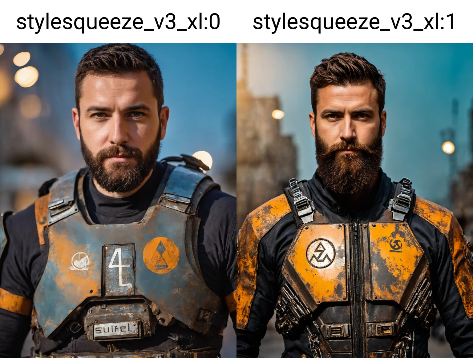 close up Portrait photo <lora:stylesqueeze_v3_xl:0> of muscular bearded guy, in a worn scuffed half life HEV suit, ((light bokeh)), intricate, half life greek delta logo on suit, (steel metal [rust]), elegant, sharp focus, soft lighting, vibrant colors, masterpiece, ((streets)), detailed face