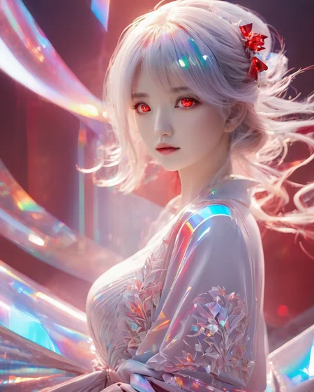 <lora:xl-holographic-å¨æ¯V20:0.9>,holographic,1girl,high quality exquisite wallpaper,wide_shot,red eyes,white hair,