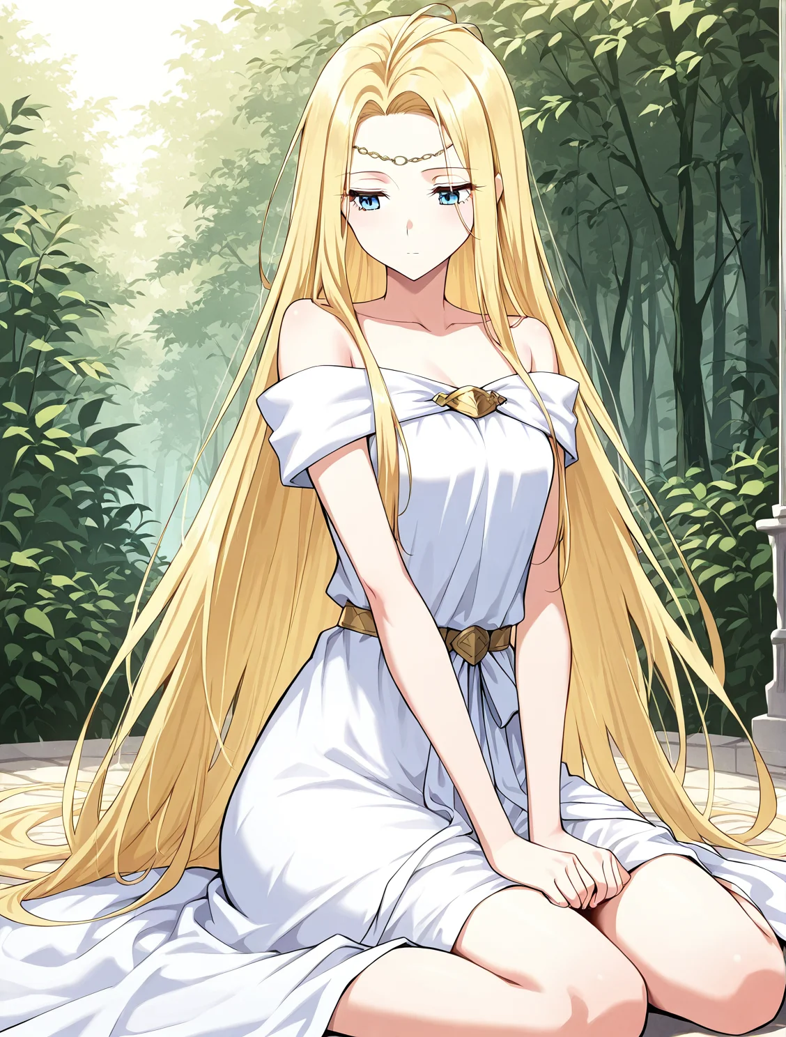 <lora:Ariana-000007:1>
1 girl, solo, very long hair, blonde hair, blue eyes, small breasts
white robe, collarbone, circlet, bare shoulders, bracelete
score_9, score_8_up, score_7_up, masterpiece, best quality, absurdres, perfect anatomy, 1girl, solo, wariza, sitting, hands on own knees, garden background