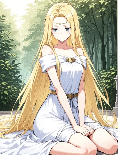 <lora:Ariana-000007:1>
1 girl, solo, very long hair, blonde hair, blue eyes, small breasts
white robe, collarbone, circlet, bare shoulders, bracelete
score_9, score_8_up, score_7_up, masterpiece, best quality, absurdres, perfect anatomy, 1girl, solo, wariza, sitting, hands on own knees, garden background