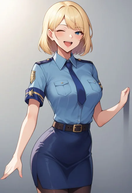 1girl,policewoman,looking at viewer,solo,pencil skirt,black pantyhose,blue necktie,blue skirt,short sleeves,blush,armband,belt,blue shirt,miniskirt,open mouth,smile,collared shirt,simple background,one eye closed,masterpiece, best quality, absurdres