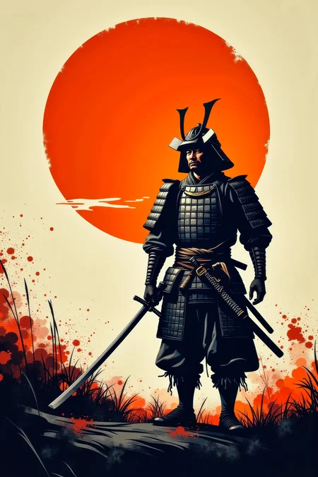 A minimal Linocut print of the last weary Japanese samurai standing alone after an intense battle. He wears no armor nor any helmet. He holds his sword in hand. He is battered, bruised, and bleeds from several minor wounds. He is weary, disgusted, disheartened, and saddened at the lives that were lost. An orange rising sun hangs in sky behind him. This is a full frame body shot, from head to feet, providing a environmental wide angle view of the entire body. Intricate details, masterpiece, best quality. Soft volumetric lighting. <flux_realism_lora:0.42> <FluxDFaeTasticDetails:0.36> <BaroqueColorful:0.48>