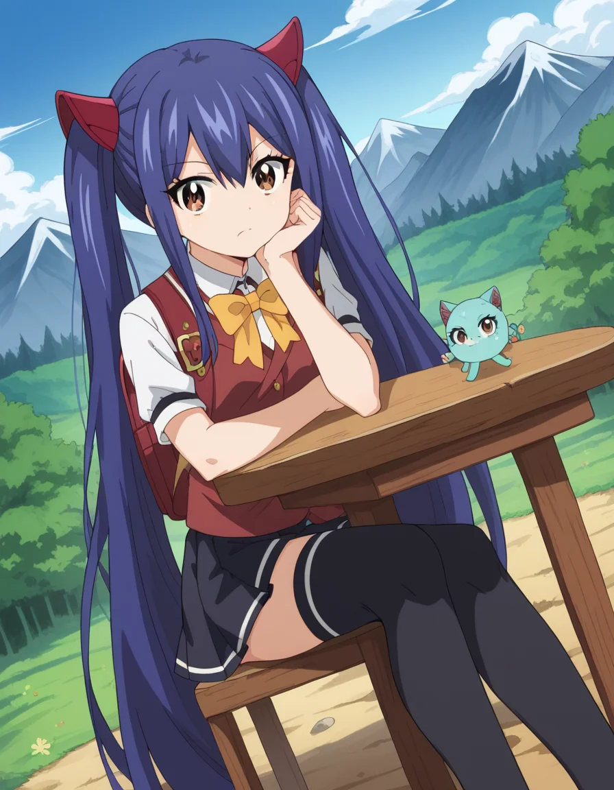 score_9, score_8_up, score_7_up, source_anime, <lora:wendy-marvell-100yq-ponyxl-lora-nochekaiser:1>, wendy marvell, long hair, hair ornament, ribbon, hair between eyes, twintails, brown eyes, very long hair, blue hair,, skirt, thighhighs, bow, ribbon, pleated skirt, black thighhighs, bowtie, black skirt, zettai ryouiki, yellow bow, yellow ribbon, mountain trail, hiking, nature, backpack, adventure, fresh air, , looking at viewer, sitting, elbow rest, table,, solo,, dutch angle,