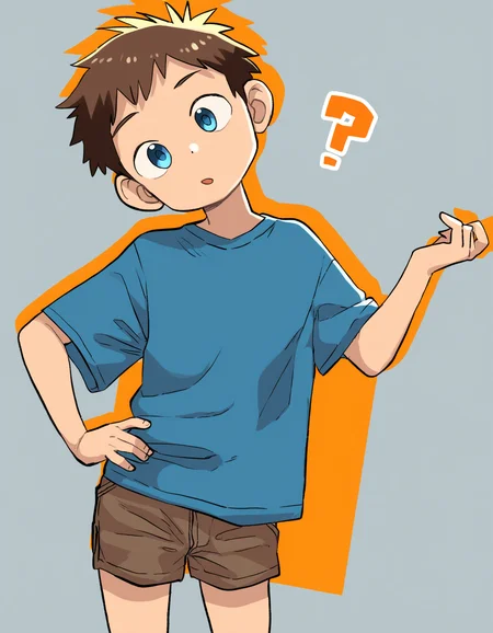 masterpiece, eeroku-style, orange background, cowboy shot, 1boy, solo, brown hair, blue eyes, blue t-shirt, shorts, standing, hand on hip, head tilt, looking at viewer, small mouth, ? <lora:a6_naiXL_v1Nb-ShoAI:1>