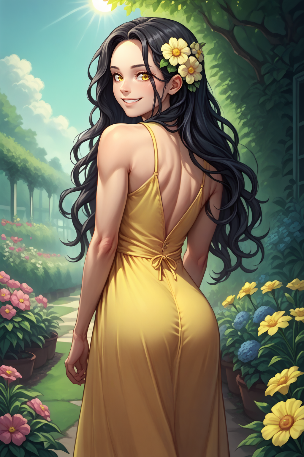 score_9, score_8_up, androgynous, solo, <lora:NSLimstellaFE7:1> NSLimstellaFE7, black hair, long hair, yellow eyes, yellow sundress, from behind, looking back, smile, garden, flowers, flower in hair, happy, sun