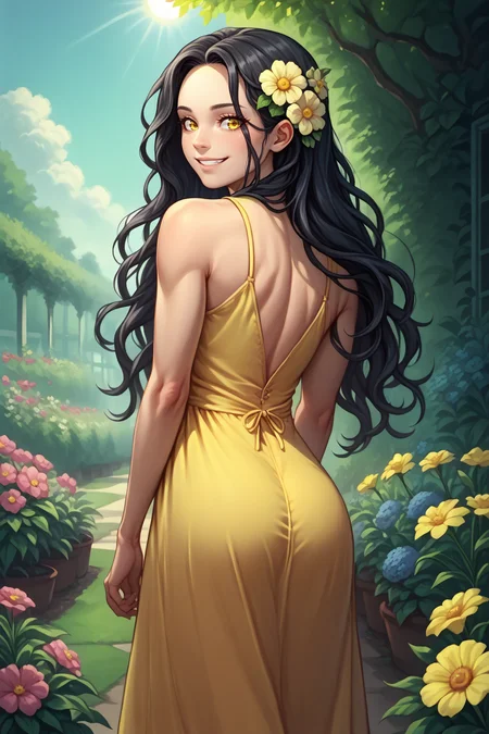 score_9, score_8_up, androgynous, solo, <lora:NSLimstellaFE7:1> NSLimstellaFE7, black hair, long hair, yellow eyes, yellow sundress, from behind, looking back, smile, garden, flowers, flower in hair, happy, sun