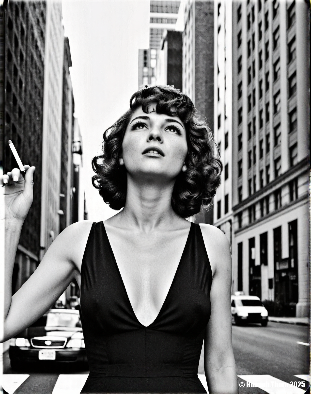 A realistic black and white photograph of a young beautiful brunette woman standing on a city street, wearing a black v-neck dress, with short curly hair, holding a cigarette in her hand, looking up at the sky, with tall buildings in the background, cars driving on the street, street signs on the buildings, daytime, medium shot, detailed face, realistic skin texture, film grain, high resolution, natural lighting, dramatic shadows, shot with a Leica camera, 50mm lens, f/2.8 aperture, 1/250 shutter speed, ISO 200, shot on Kodak Tri-X 400 film., <lora:_Flux\_Photographer\Helmut_Newton-000001.safetensors:0.8300000000000002:0.8300000000000002> <lora:_Flux\_Skin_Appearance\detailifier_flux-000006.safetensors:0.8300000000000002:0.8300000000000002> <lora:_Flux\_Skin_Appearance\Old_Beauty.safetensors:0.7500000000000001:0.7500000000000001>, A stunning black and white portrait of a young woman, her face partially obscured by a strip of 35mm film. The film runs vertically, bisecting her face, with the individual frames visible and adding an intriguing layer to the composition. Her expression is serene, eyes gazing slightly off-camera, framed by dark, wavy hair. The lighting is soft and diffused, creating subtle shadows that accentuate her features. The background is a soft, out-of-focus white, drawing attention to the subject. The overall mood is artistic and contemplative, evoking a sense of classic Hollywood glamour. The image is reminiscent of vintage photography, with a timeless quality. The contrast between the smooth skin and the textured film adds visual interest. The composition is simple yet effective, creating a captivating and memorable image., <lora:_Flux\_Photographer\Helmut_Newton-000001.safetensors:0.8300000000000002:0.8300000000000002> <lora:_Flux\_Skin_Appearance\detailifier_flux-000006.safetensors:0.8300000000000002:0.8300000000000002> <lora:_Flux\_Skin_Appearance\Old_Beauty.safetensors:0.7500000000000001:0.7500000000000001><lora:_Flux\_Photographer\Helmut_Newton-000001.safetensors:0.8300000000000002:0.8300000000000002> <lora:_Flux\_Skin_Appearance\detailifier_flux-000006.safetensors:0.8300000000000002:0.8300000000000002> <lora:_Flux\_Skin_Appearance\Old_Beauty.safetensors:0.7500000000000001:0.7500000000000001>